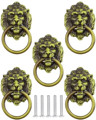 5 Pcs Antique Cabinet Drawer Knobs Pulls with Screws, Vintage Bronze Drop Ring Handles Knobs Hardware for Dresser Cupboard Closet Jewelry Box (Lion Head) - style: Lion Head