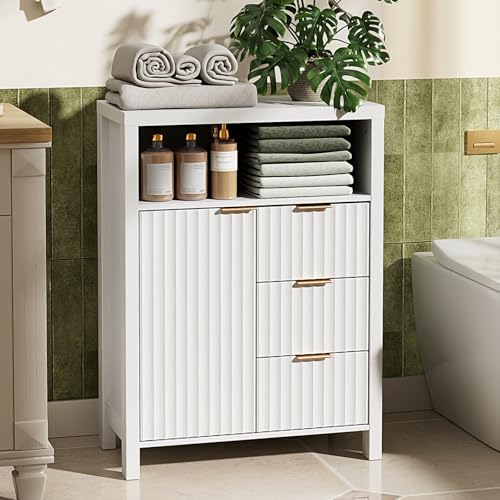 VINGLI Bathroom Floor Storage Cabinet with 3 Drawers, Modern 32" Freestanding Short Storage Organizer with Fluted Door & Adjustable Shelf, 12 Inch Deep White Wooden Console for Small Space - color: Crisp White, style: 32" Small Fluted Floor Cabinet