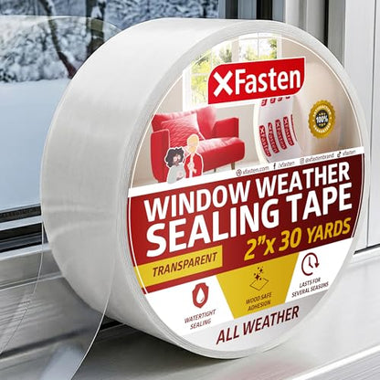 XFasten Transparent Window Weather Sealing Tape, 2-Inch x 30 Yards (50.8mm x 27.43m), Clear Window Draft Isolation Sealing Film Tape, No Residue - size: 2" x 30Yds