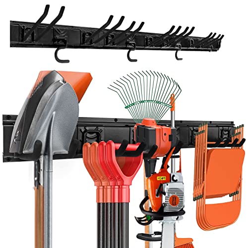 Garden Tool Rack Set, Garage Wall Organization Hanger with 3 Mop Holder and 6 Multi-Purpose Hooks, Garden Yard Shovels Rakes for String Hedge Trimmer Brooms Hoses Folding Chairs ladders, and More - size: 51 in Rack With 9 Hooks