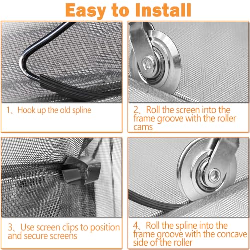 Screen Repair kit, Screen Roller Tool, Steel/Nylon Roller with Bear+10pcs Screen Clips+32ft Screen Spline+Removal Hook, 5 in 1 Window Screen Door Repair Kit,for Installing Door Window Mesh - size: Steel/Nylon Rollers+Spline+Clips+Pick