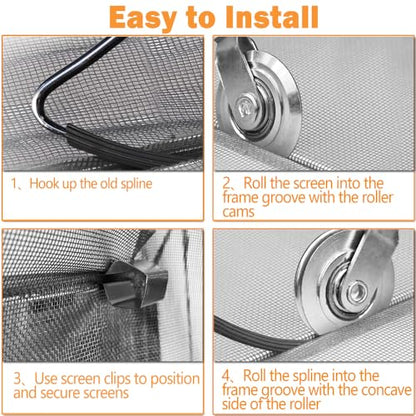 Screen Repair kit, Screen Roller Tool, Steel/Nylon Roller with Bear+10pcs Screen Clips+32ft Screen Spline+Removal Hook, 5 in 1 Window Screen Door Repair Kit,for Installing Door Window Mesh - size: Steel/Nylon Rollers+Spline+Clips+Pick