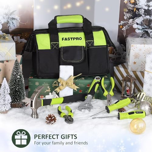 FASTPRO 220-Piece Home Tool Set, Household Repairing Tool Kit, with 12-Inch Wide Mouth Open Storage Tool Bag, Green - color: Green