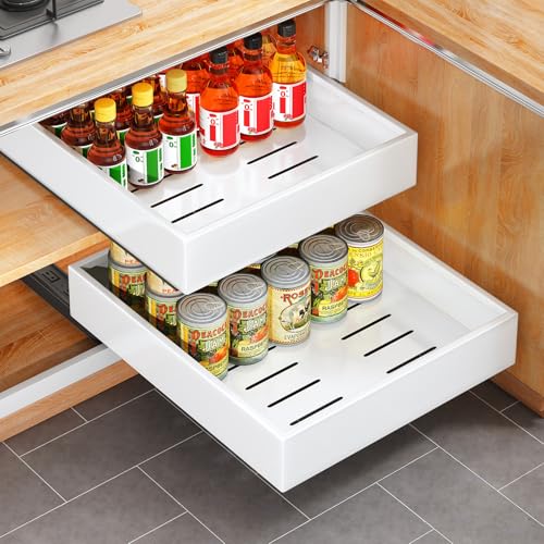 2Pack Pull out Cabinet Organizer, 21"Deep, Heavy Duty Full-extension Slide out Drawers for Kitchen Cabinet, Roll out Shelf Storage with Nano Adhesive for Pots, Bathroom, Pantry, Home, White - color: White, size: 13.8"Wide-21"Deep (2Pack）