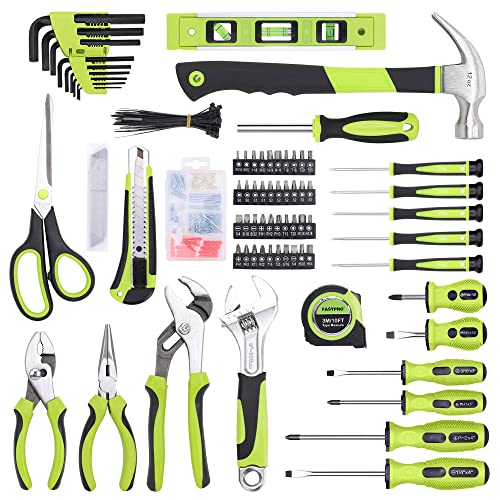 FASTPRO 220-Piece Home Tool Set, Household Repairing Tool Kit, with 12-Inch Wide Mouth Open Storage Tool Bag, Green - color: Green