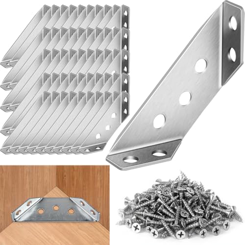 50Pcs Stainless Steel Corner Brackets with Screws, Metal Angle Brackets, Corner Braces for Wood Furniture, Cabinets, Shelves & More - Corner Connectors for Reinforcing & Repairing