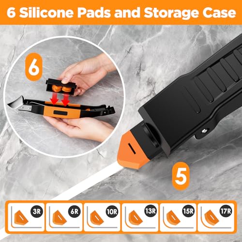 6 in 1 Silicone Caulking Tool Kit with Caulk Grout Remover Tool Sealant Finishing & Smoothing Tool, Grout Scraper, 6 Reusable Pads and Adhesive Residue Scraper for Kitchen Bathroom Tile Sink (Orange) - color: Orange