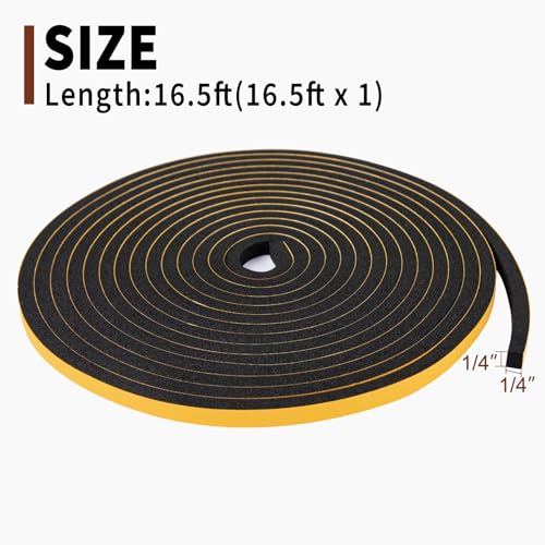 Yotache Foam Weather Stripping 1/4" W X 1/4" T, New Adhesive Craft, Insulation Soundproofing Strips Tape Gasket Seal for Door Frame and Window, Sliding Door Jamb, 16.5 Ft Length - size: 1/4"x1/4"x16.5 FT