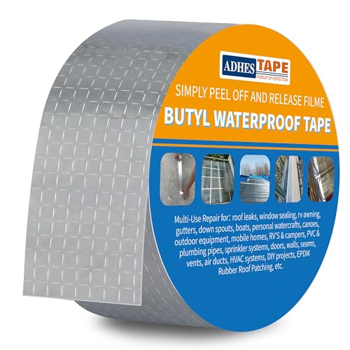 ADHES Butyl Tape Waterproof Tape, 2inch x 16feet Aluminum Foil Tape Butyl Sealant Tape for RV Repair, Window, Boat and Pipe Sealing, Glass & EDPM Rubber Roof Patching(Model:RA100-1,Glue Color:White) - color: Silver, size: 2 inches x 16 feet