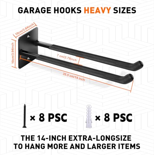 14" Large Garage Hooks, 4-Pack Garage Hooks Heavy Duty, Utility Steel Garage Wall Hooks for Hanging Yard Tools,Car Tires, Ladders,Chairs and More