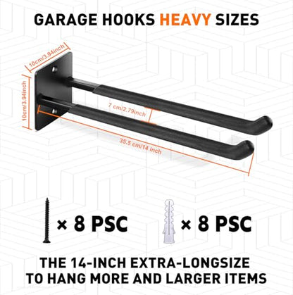 14" Large Garage Hooks, 4-Pack Garage Hooks Heavy Duty, Utility Steel Garage Wall Hooks for Hanging Yard Tools,Car Tires, Ladders,Chairs and More