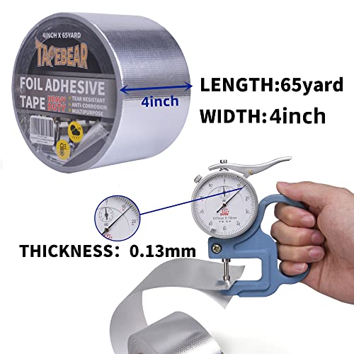 TAPEBEAR Fiberglass Aluminized Foil Tape 4inch x 65Yards, Heat Shield Thermal Barrier Adhesive Backed Heat Reflective Tape Cool Tape for Air Dryer Vent, HVAC, Heating Unit, Auto, Pipe, 196Ft - size: 4inch x 65yard