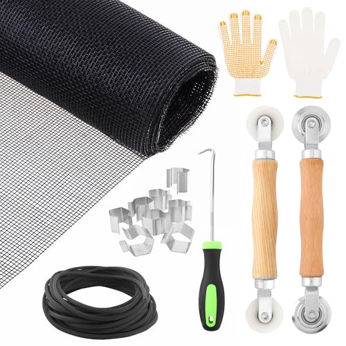 Window Screen Door Repair Kit,Include 47"×118" Black Screen Mesh+ 2 Steel/Nylon Roller+32Ft Spline+8 Clips+Hook+Non-Slip Gloves,7 in 1 Window Mesh Kit for Windows Doors Patio and Porch Replacement - size: 47"×118" Mesh+Tool
