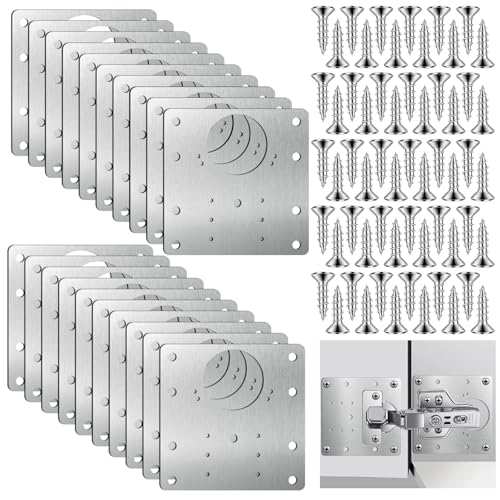 20 PCS Upgraded Cabinet Hinge Repair Plate Kit, Stainless Steel Hinge Repair Brackets Kit, Metal Hinges Repairs Fixing Plates with Screw for Kitchen Cupboard Door Locker Cabinet Door