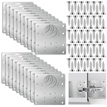 20 PCS Upgraded Cabinet Hinge Repair Plate Kit, Stainless Steel Hinge Repair Brackets Kit, Metal Hinges Repairs Fixing Plates with Screw for Kitchen Cupboard Door Locker Cabinet Door