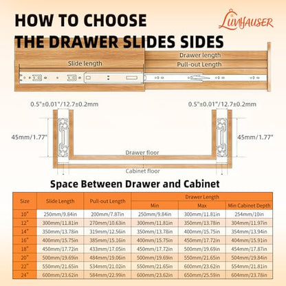 1 Pairs Full Extension Drawer Slides, 12 Inch Heavy Duty Drawer Runners, Side Mount Dresser Cabinet Rails, 1.77 Inch Width Slides for Kitchen Cabinet, 100LB(45kg) Capacity, Anti-Rust & Long-Lasting - size: 12inch