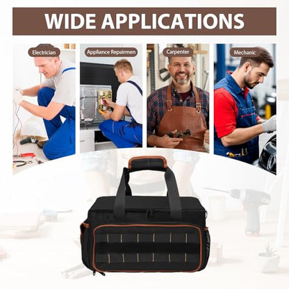 17 Inch Heavy Duty Tool Bags for Men Women, 28 Pockets Portable Tool Bag with Adjustable Shoulder Strap, Wide Mouth Tool Bag Organizer for Electricians Mechanics Carpenters