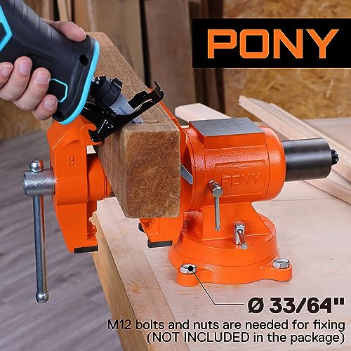 PONY Heavy Duty Bench Vise, 5-inch Jaw Width and Opening, 360-Degree Swivel Base With Anvil, Utility Combination Pipe Home Vise for Woodworking, One-Pair Vise Jaw Pad Included - style: 5-inch Jaw Opening