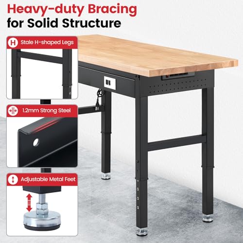 ENJOYWOOD 60" x 22" Heavy Duty Workbench Adjustable Height Garage Work Table with Solid Rubberwood Top, Drawer & Power Outlets for Workshop, Home & Office - size: X-Large