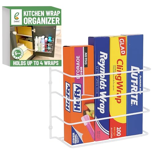 Evelots Kitchen Wrap Organizer - Hold up to 4 Plastic, Foil, Paper, Wax - Cabinet Door, Wall Rack Basket - Sandwich, Freezer, Food Bag Storage - Laundry Supplies - Plastic Coated Metal - color: White, size: 1 Pack