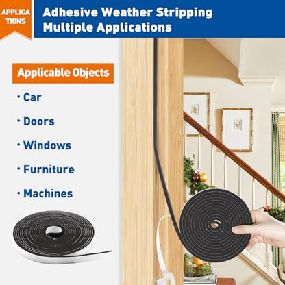 MAGZO Weather Stripping Door Seal, 1/2 in W X 1/8 in T X 99 Ft Total Adhesive Foam Insulation Tape for Windows 16.5 ft X 6 Rolls, Black - size: 1/2in * 1/8in * 99FT