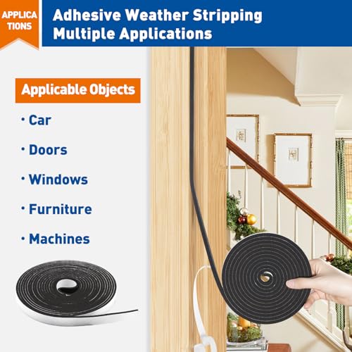 MAGZO Door Weather Stripping, 1/2 Inch W X 1/8 Inch T X 198 Ft Total Weatherstripping Foam Tape Soudproof for Windows 16.5 ft X 12 Rolls, Black - size: 1/2in * 1/8in * 198FT