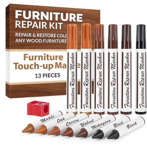 Wood Scratch Repair Kit Markers - 13 Piece Set – Furniture Touch Up Markers and Wax Sticks with Sharpener – for Wood Floor, Table, Cabinet, and Furniture Repair – 6 Colors