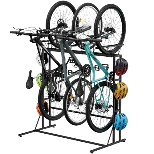 OYEAL Vertical Bike Stand, Free Standing Bike Rack Garage with 6 Hooks, Indoor/Outdoor Floor Bike Storage for 3 Adult Mountain/Road &1 Kids Bikes, Max Tire Width 2.6”, Black