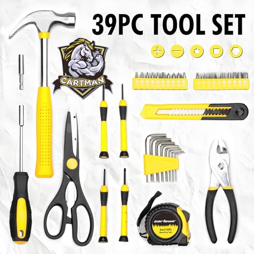 CARTMAN 39-Piece Home Tool Set Kit, Essential Household Hand Tools with Plastic Storage Case, Yellow - color: Yellow