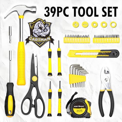 CARTMAN 39-Piece Home Tool Set Kit, Essential Household Hand Tools with Plastic Storage Case, Yellow - color: Yellow