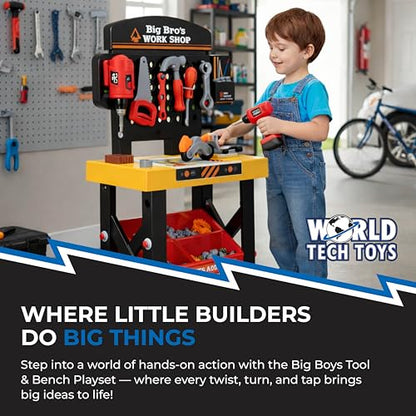 World Tech Toys Big Boys Work Shop 54 Piece Tool Bench Playset – Kids Construction Workbench with Toy Drill, Vise, Nuts & Bolts Builder Set - Kids 3+