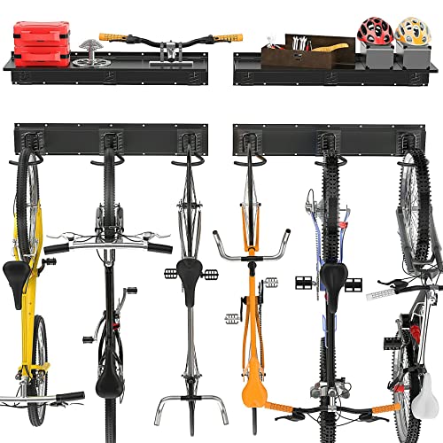TORACK Wall Mounted Bike Storage Rack with Shelf, 6 Bikes Hangers for Garage, Space Saving Bike Rack Wall Mount, Holds Up to 600 lbs - size: 96" Rail