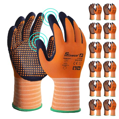Schwer 12 Pairs Safety Work Gloves MicroFoam Nitrile Coated, Certified Level 6 Abrasion & A1 Cut Resistant Working Gloves with MicroDot Grip, Touchscreen, Used for General Work, Gardening, LT5619, M - size: Medium, style: 12 Pairs