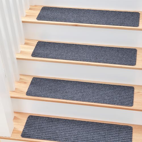MBIGM 8" X 30" (7 in Pack) Non-Slip Carpet Stair Treads Non-Skid Safety Rug Slip Resistant Indoor Runner for Kids Elders and Pets with Reusable Adhesive - Gray - color: Grey, size: 8" X 30" - 7 Pcs