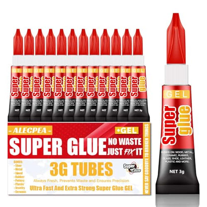 3 Gram (Pack of 12) Single use Super Glue Gel, Super Fast, Thick & Strong Adhesive Superglue, Cyanoacrylate Glue for Hard Plastics, DIY Craft, Ceramics, Frame, Leather, Metal Etc - size: Pack of 12, style: Gel