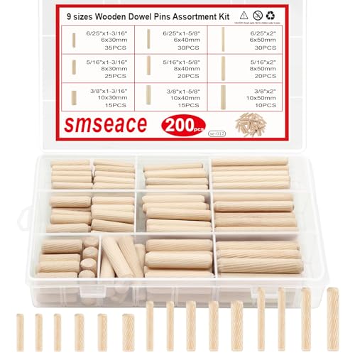 smseace Wooden Dowel Pins with Tapered End with Bevel Angle Groove Wood Pegs - 9 Sizes 6/25inch 5/16inch 3/8inch(6mm, 8mm, 10mm) Used for Crafts, Furniture, Door, DIY - size: 200Pcs Twill Wood Pin - 9 Sizes