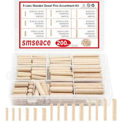 smseace Wooden Dowel Pins with Tapered End with Bevel Angle Groove Wood Pegs - 9 Sizes 6/25inch 5/16inch 3/8inch(6mm, 8mm, 10mm) Used for Crafts, Furniture, Door, DIY - size: 200Pcs Twill Wood Pin - 9 Sizes
