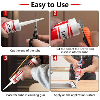LISRUX Supreme Silicone Caulk for Kitchen & Bathroom, White, 10 fl oz Cartridge, 24 Pack - 100% Waterproof Silicone Sealant, Stronger Adhesion, Shrink & Crack Proof - size: 24P, style: White