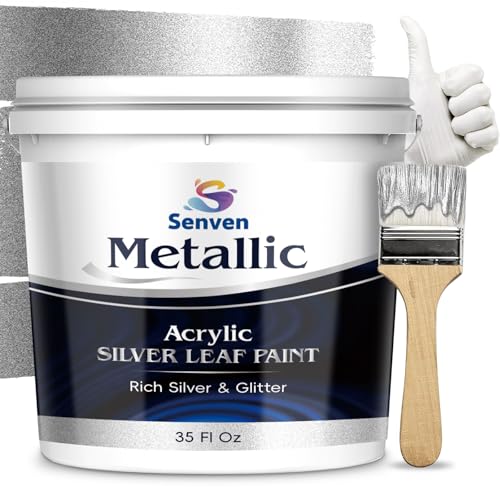 Silver Paint 35 Fl Oz Metallic Liquid Silver Leaf Paints Rich Silvers Paint for Metal, Wood, Canvas, Appliance, Furniture, Clay DIY Art Handcrafts Fast Dry Acrylic Metallic Finish Artwork Home Décor - color: Silver-35 Oz