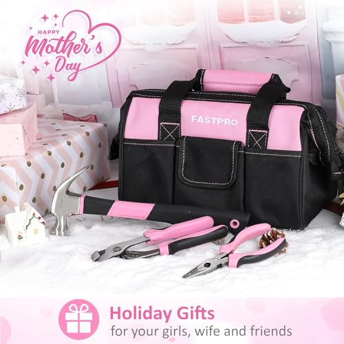 FASTPRO Pink Tool Set, 220-Piece Lady's Home Repairing Tool Kit with 12-Inch Wide Mouth Open Storage Tool Bag - color: Pink