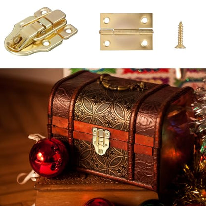 2 Pack Retro Gold Style Duckbilled Hasp Clasp Latch, Antique Metal Box Latch Toggle Hasp Catch with Padlock Hole and 4 Pcs Hinges with Matching Screws Kit for Wooden Jewelry Box Cabinet Toolbox