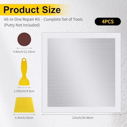 12 x 12 Inch Drywall Repair Kit, 4PCS Heavy Duty Self-Adhesive Mesh Patch Kit for Large Holes - Includes Scraper & Sandpapers, Ideal for Drywall, Sheetrock, Wall and Ceiling Repairs - size: 4PCS - 12"