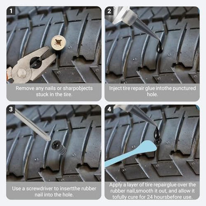 Tire Repair Glue, Tire Repair Nail, Tire Repair Rubber Nails Kit with 2 Tubes of Black Tire Sealant Glue 50ml, Tire Repair Screws Kit for Car Motorcycle Truck Tractor Puncture Repair