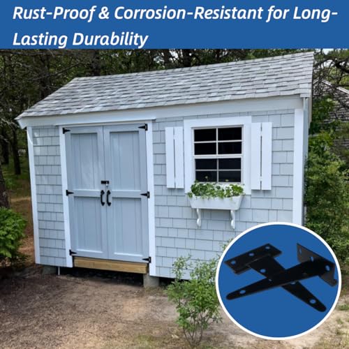 6 Inch Heavy Duty Door Hinges, 4 Pack Black T Strap Hinges, 2.4mm Thick Steel, 7.6 oz Each, Powder Coated, Screws Included, for Wood & Metal Doors, Shed Door Hinges & Gate Hinges, Outdoor - size: 6in-4pcs