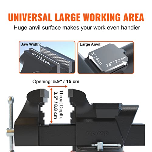 VEVOR Bench Vise, 6-inch Jaw Width 5.9-inch Jaw Opening, 360-Degree Swivel Locking Base Multipurpose Vise w/Anvil, Heavy Duty Ductile Iron Workbench Vise w/Bolts & Nuts, for Drilling, Pipe Cutting - size: 6 Inch