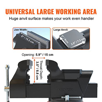 VEVOR Bench Vise, 6-inch Jaw Width 5.9-inch Jaw Opening, 360-Degree Swivel Locking Base Multipurpose Vise w/Anvil, Heavy Duty Ductile Iron Workbench Vise w/Bolts & Nuts, for Drilling, Pipe Cutting - size: 6 Inch