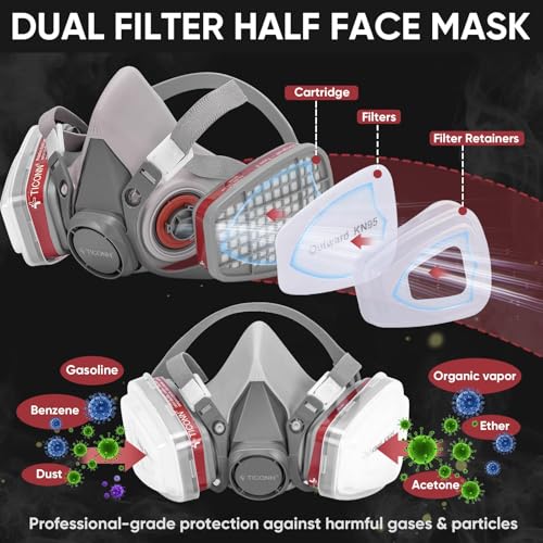 TICONN Reusable Respirator Mask with Filters, Gas Mask with Anti Fog Safety Glasses, Anti-Dust Half Face Cover Respirator