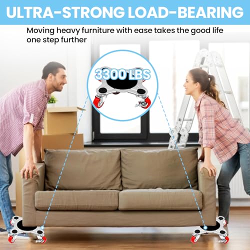 Upgrade 3000LBS Heavy Duty Furniture Dolly & Movers, 6.3" Carbon Steel Panel with 5 360° Rotatable Rubber Universal Wheels, Includes Non-Slip Sliders & Lifter Tool for Moving Pianos, Sofa, Appliances - color: Red Wheel(standard)