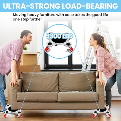 Upgrade 3000LBS Heavy Duty Furniture Dolly & Movers, 6.3" Carbon Steel Panel with 5 360° Rotatable Rubber Universal Wheels, Includes Non-Slip Sliders & Lifter Tool for Moving Pianos, Sofa, Appliances - color: Red Wheel(standard)