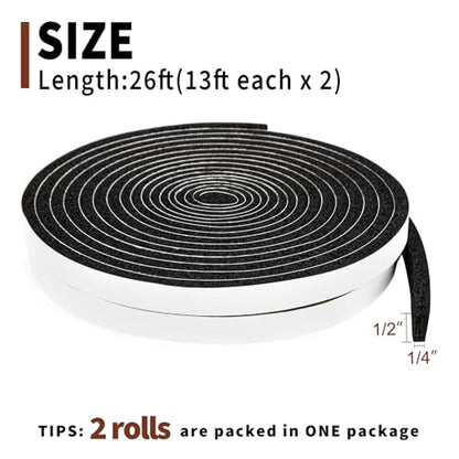 Yotache Open Cell Self-Adhesive Foam Seal Tape 1/2" x1/4", Weather Stripping for Door Insulation, Soundproof, Weatherstrip, 13 FT x 2Pcs - size: (0.5"×1/4") 26FT